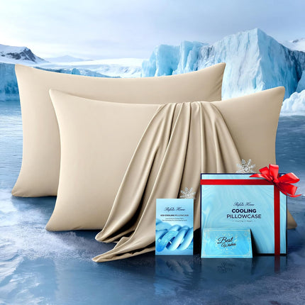 Ultra-Chill Cooling Pillowcase Set of 2 for Hot Sleepers, Softer than Silk Pillow Cases for Protecting Hair & Skin, Breathable Bed Pillow Covers W/Zipper, Gifts for Women Men(Beige, Standard)