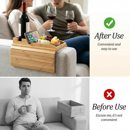 1Pc Bamboo Couch Cup Holder Tray, 4.7X12.6Inch Couch Armrest Table 3 in 1 Anti-Slip Sofa Armchair Caddy Table Couchs Arm Tray with Detachable Cup Holder Foldable Sofas Trays for Drinks Cellphone