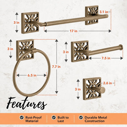5-Piece Bathroom Hardware Set – Antique Gold (Muted Finish – Not Shiny), Wall Mounted Towel Bar, Towel Ring, Toilet Paper Holder & Robe Hooks, Bathroom Accessories Set Complete