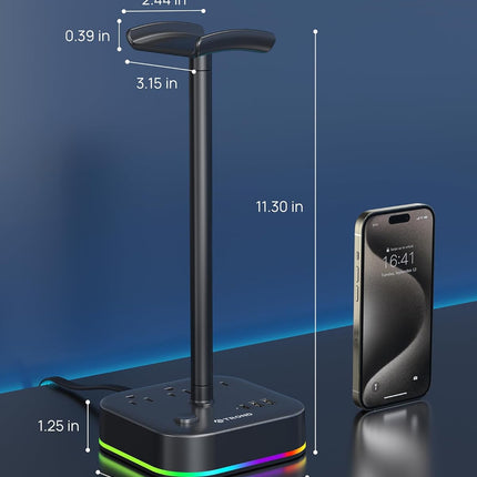Headphone Stand with USB C, Desk Gaming Headset Holder with 3 AC Outlets, 2 USB-A and 1 USB-C, Headset Stand with 5 RGB Light Modes, for Gaming Desk Accessories Gamer Boyfriend Gifts