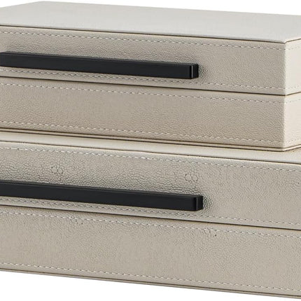 Set of 2 Beige Shagreen Decorative Storage Boxes with Black Metal Handles – Faux Leather Jewelry & Memory Boxes, Nesting Photo Organizers for Home Decor