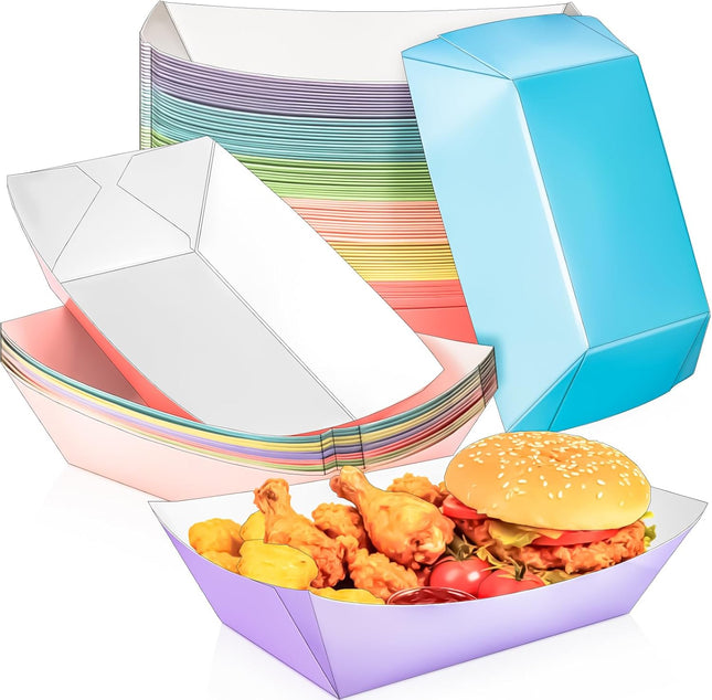 50 Pack Extra Large 5Lb Paper Food Boat Trays Disposable Paper Boat Containers, Colorful Kraft Food Serving Tray Boats Plates for Snack Popcorn Sandwich Burger Hot Dog BBQ Taco Fries Nacho