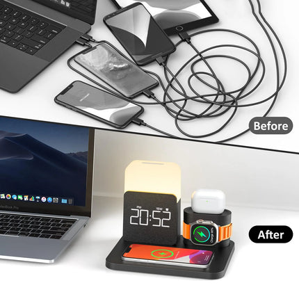 Wireless Charging Station 7 in 1 Compatible for Iphone 17/16/15/14/13/12 Pro Max, Apple Watch & Airpods with Alarm Clock, Night Light Black