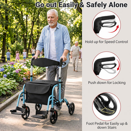 2 in 1 Rollator Walker Aluminum Walking Aid Assistant with Storage Space