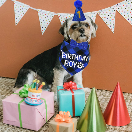 Multi Size Dog Birthday Hat & Bandana - Boy Bow Tie, Numbers, Blue