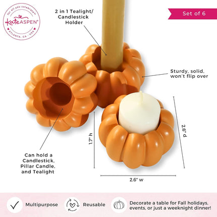 2-In-1 Pumpkin Candle Holder Set - Orange Fall Taper, Tealight & Votive Candle Holders - Pumpkin Table Centerpiece, Fall Candle Decor, Halloween Candlestick Holder (Set of 6)