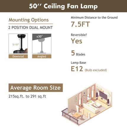 50 Inch Noiseless Ceiling Fan Light with Explosion-Proof Glass Lampshades