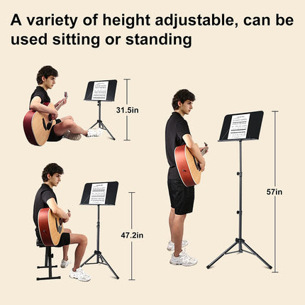 Sheet Music Stand,5 in 1 Dual-Use Folding Sheet Music Stand & Desktop Book Stand with Portable Carrying Bag & Music Sheet Clip Holder & Sheet Music Book(Black) (AS-M55)