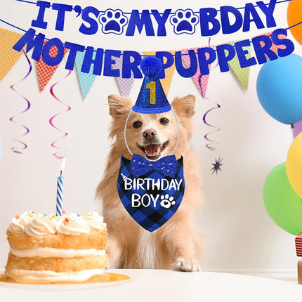 Dog Birthday Decorations, Multi Sizes Dog Birthday Hat with Numbers Bandana Bow Tie It’S My Bday Mother Puppers Banner for Small Medium Dogs Pets (Blue, Small)