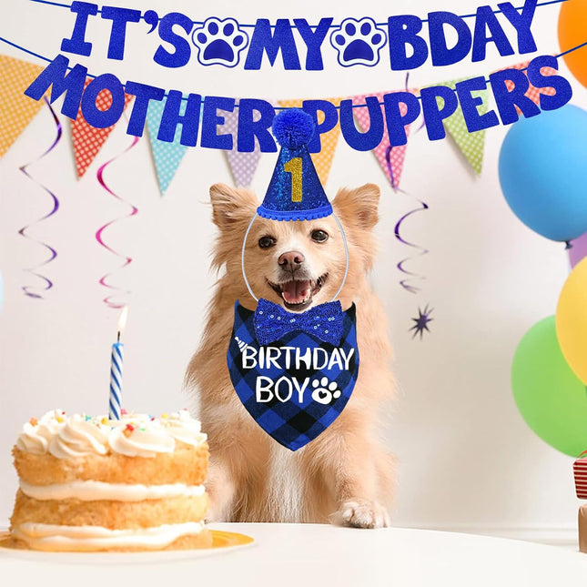 Dog Birthday Decorations, Multi Sizes Dog Birthday Hat with Numbers Bandana Bow Tie It’S My Bday Mother Puppers Banner for Small Medium Dogs Pets (Blue, Small)