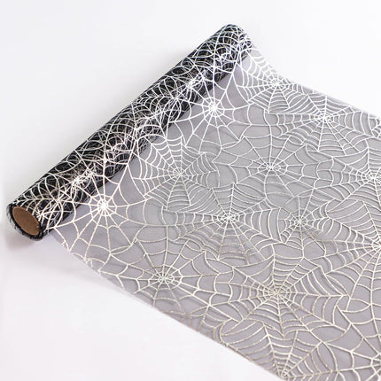 Halloween Table Runner, Silver Spider Web Metallic Sequin Glitter Sheer Runners Roll 120", Black Table Decorations for Halloween, Wedding, Birthday, Themed Party, Christmas