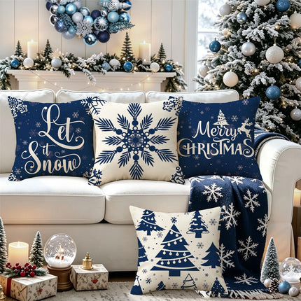 Christmas Pillow Covers 18X18 Blue Christmas Decorations Snowflake Throw Pillow Covers Xmas Tree Winter Holiday Decor Cushion Case for Sofa Couch Set of 4