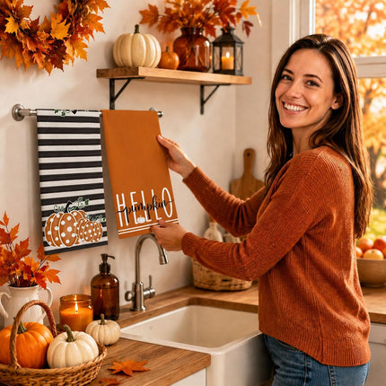 Fall Hello Pumpkin Kitchen Towels Dish Towels Set of 2-18 X 26 Inch