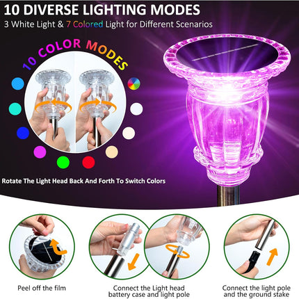 Solar Pathway Lights Outdoor 6 Pack, 10 Modes RGB Color Changing & White Solar Garden Lights, 17.32" IP65 Waterproof Glass Stainless Steel Landscape Lights for Yard Walkway Driveway Patio Lawn