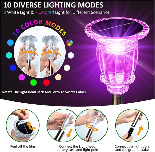 Solar Pathway Lights Outdoor 6 Pack, 10 Modes RGB Color Changing & White Solar Garden Lights, 17.32" IP65 Waterproof Glass Stainless Steel Landscape Lights for Yard Walkway Driveway Patio Lawn
