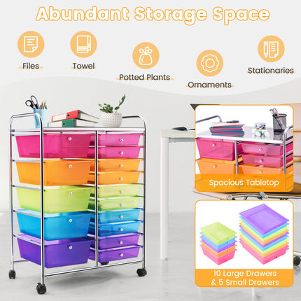 15-Drawer Utility Rolling Cart with Drawers Multi-Use Storage