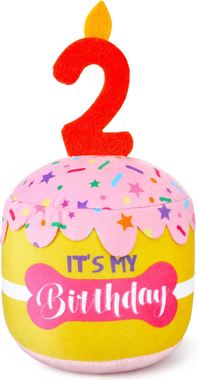 Dog Birthday Cake Toy Squeaky Plush Gift,2Nd,Pink and Yellow