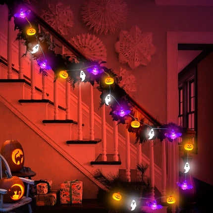 Halloween String Lights, 16.4FT 30 LED Pumpkin Bat Ghost Battery Operated Orange and Purple Lights Strobe 8 Lighting Modes Timer Fairy Indoor Outdoor Window Front Porch Decor Party Decorations