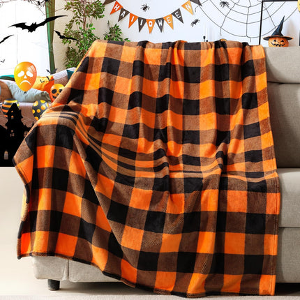 Halloween Blanket, Fleece Throw Blankets, Orange and Black Plaid