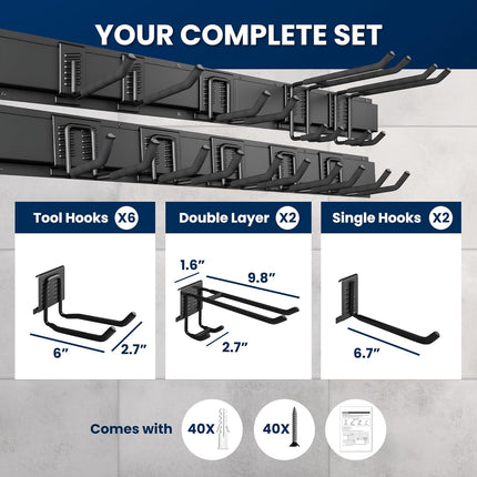 64'' All-Metal Garage Tool Organizer Wall Mount – Heavy-Duty Tool Rack Holds 680 Lbs, Adjustable Hooks for Garage, Yard, and Garden Equipment