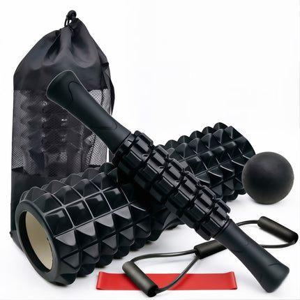 6 In1 Black Foam Roller Set with Massage Roller, Massage Ball, Chest Expander,And Resistance Band