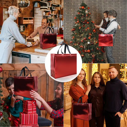 15 Pcs Glossy Red Reusable Gift Bags with Handles, 12.6 X 4.7 X 11 in Party Bags with Sturdy Base, Holiday Goodie Bag Bulk for Birthday, Wedding, Party, Xmas