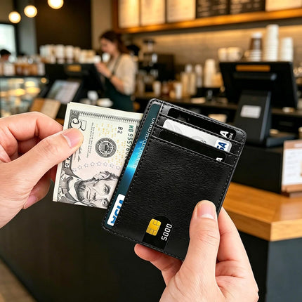 Slim Front Pocket Leather Wallet for Men and Women, RFID Blocking Minimalist Wallet with Clear ID Window, Slim Bussiness Card Holder Gift for Men Women