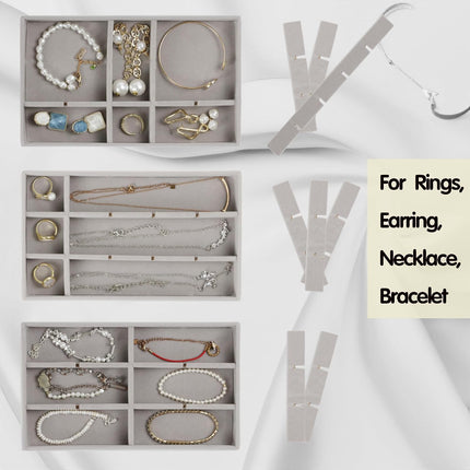 Set of 8 Stackable Jewelry Organizer Trays with 1 Lid for Drawer & Dresser Organizer, Adjustable Velvet Jewelry Box Tray Earring Organizer Necklace Storage Ring Bracelet Display Case (Gray)