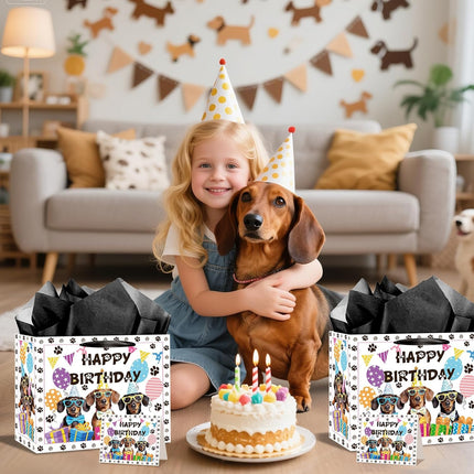 Large Dog Birthday Gift Bag Set with Tissue Paper and Greeting Card Dachshund Dogs Happy Birthday Bag Dachshund Doggy Puppy Dog Pet Paw Gift Wrapping Paper with Handles for Girl Boy Kids Men Women