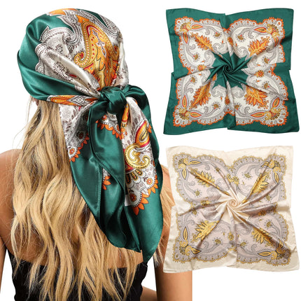 35” Large Satin Square Head Scarf - 2Pcs Silk Floral Head Scarves Women Hair Scarves Hair Bandanas