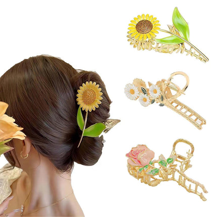 3 Pcs Metal Flower Claw Clip Set - Rose, Daisy, and Sunflower Large Hair Clips for Strong Hold on Women'S Thick Hair