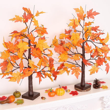 2 Pack 24 Inch Fall Maple Tree with 48LED Thanksgiving Table Decorations Battery Operated Lighted Tabletop Artificial Tree with Pumpkin Acorn Maple Fall Centerpieces Indoor Fall Decorations for Home