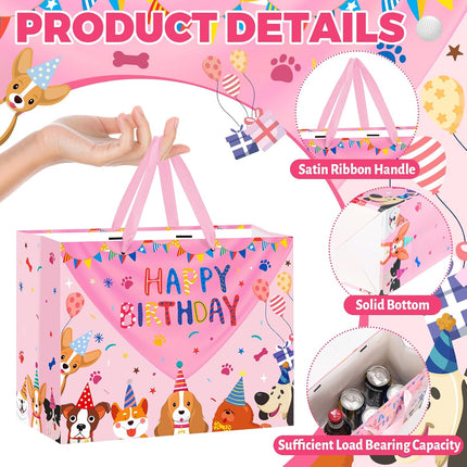 Dog Birthday Gift Bag Pink Puppy Happy Birthday Bags with Tissue Paper Greeting Card Large Cartoon Dogs Wrapping Bag for Boys Girls Dog Lover Pink Pet Bday Party Favors Supplies Decorations