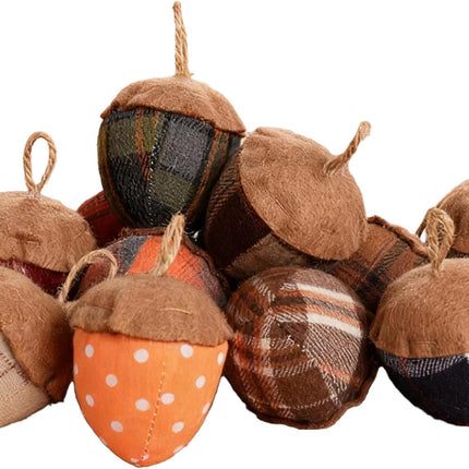 Felt Acorn Ornament, 3.15", Plaid and Polka Dot Pattern, Set of 12