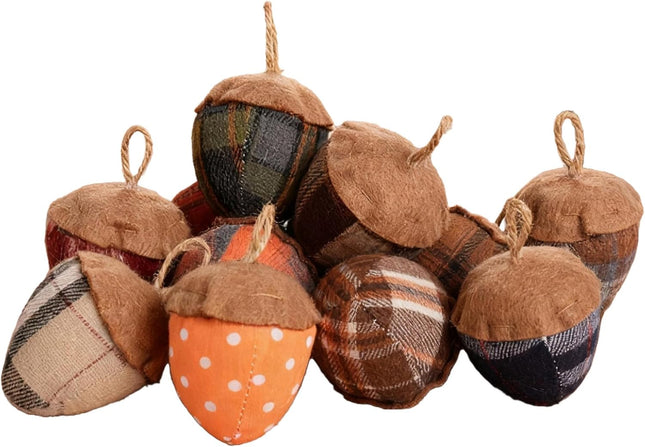 Felt Acorn Ornament, 3.15", Plaid and Polka Dot Pattern, Set of 12