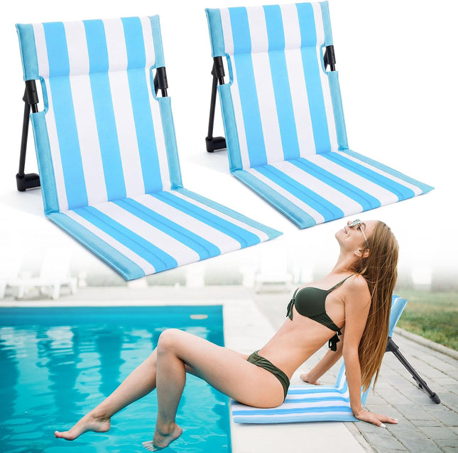 Foldable Poolside Chair Portable Beach Chair, Blue White, 2 Pcs
