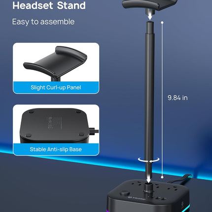 Headphone Stand with USB C, Desk Gaming Headset Holder with 3 AC Outlets, 2 USB-A and 1 USB-C, Headset Stand with 5 RGB Light Modes, for Gaming Desk Accessories Gamer Boyfriend Gifts
