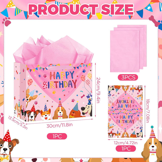 Dog Birthday Gift Bag Pink Puppy Happy Birthday Bags with Tissue Paper Greeting Card Large Cartoon Dogs Wrapping Bag for Boys Girls Dog Lover Pink Pet Bday Party Favors Supplies Decorations