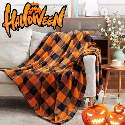 Halloween Blanket, Fleece Throw Blankets, Orange and Black Plaid