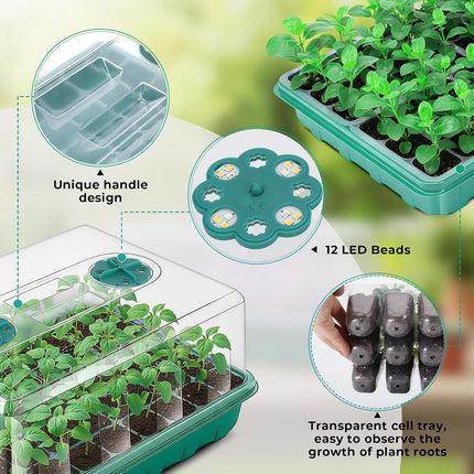 96 Cells Seed Starter Tray with Lights, 2 Packs Seed Starter Kit with Humidity Vented Domes and High Lid, Adjustable Brightness Germination Kit for Indoor Greenhouse Seed Starter