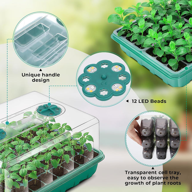 96 Cells Seed Starter Tray with Lights, 2 Packs Seed Starter Kit with Humidity Vented Domes and High Lid, Adjustable Brightness Germination Kit for Indoor Greenhouse Seed Starter