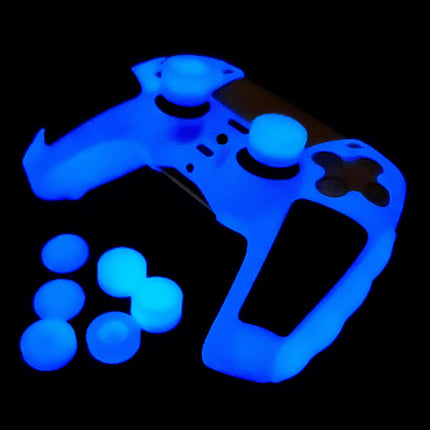 Glow in the Dark PS5 Controller Skin,Blue anti Slip Soft Thicked Studded Silicone Cover Skins Compatible with PS5 Controller,Include 8 PCS Blue Thumb Grips Glow and 2 Cat Paw Grips Accessories.