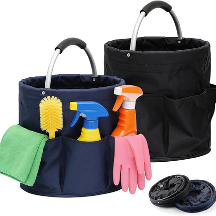 Tool Bucket Organizer 2-Pack, 17L Foldable Cleaner Caddy with 6 Pockets，Handle for Garden、Family and Bathroom, Can Also Be Used as a Beach Basket or Shopping Basket，Black+Navy Blue