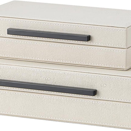 Set of 2 Beige Shagreen Decorative Storage Boxes with Black Metal Handles – Faux Leather Jewelry & Memory Boxes, Nesting Photo Organizers for Home Decor