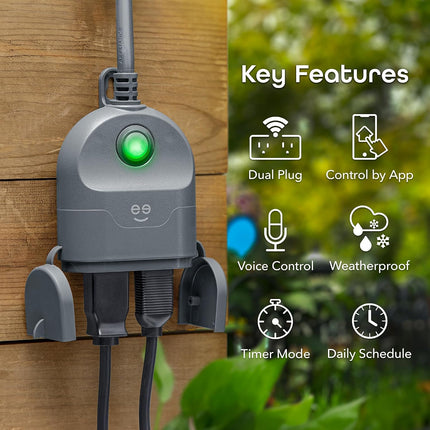 Outdoor Duo Wi-Fi Smart Plug, Weatherproof Dual Socket, Wireless Remote Control, Works with Alexa & Google Home, 2 Outlets