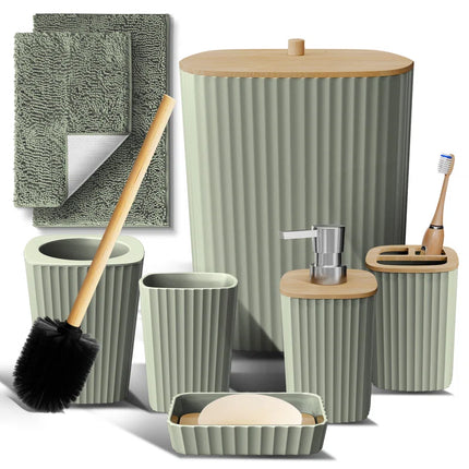 Complete 8 Piece Bathroom Accessory Set with Bamboo Accents, Trash Can, Toilet Brush & 2 Bath Rugs Included