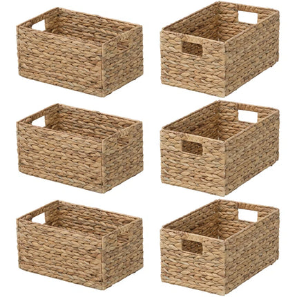 Rectangular Natural Water Hyacinth Hand Woven Rattan Wicker Storage Basket Set with Iron Wire Frame
