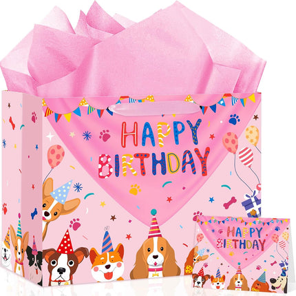 Dog Birthday Gift Bag Pink Puppy Happy Birthday Bags with Tissue Paper Greeting Card Large Cartoon Dogs Wrapping Bag for Boys Girls Dog Lover Pink Pet Bday Party Favors Supplies Decorations