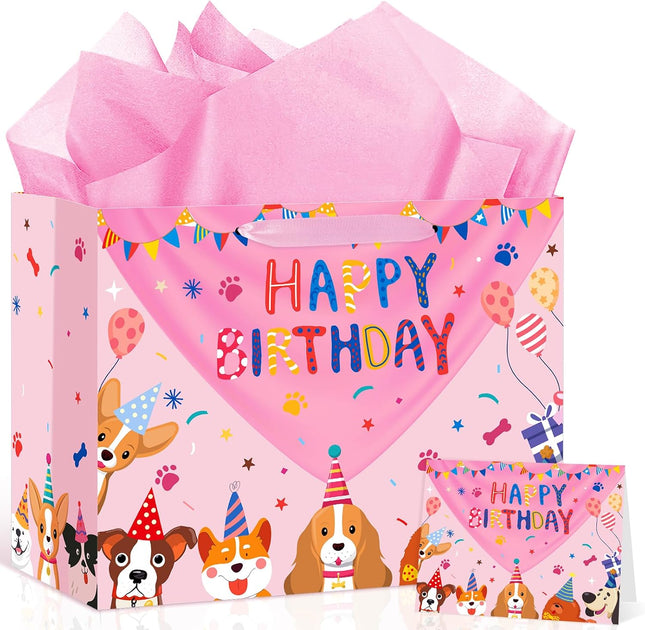 Dog Birthday Gift Bag Pink Puppy Happy Birthday Bags with Tissue Paper Greeting Card Large Cartoon Dogs Wrapping Bag for Boys Girls Dog Lover Pink Pet Bday Party Favors Supplies Decorations