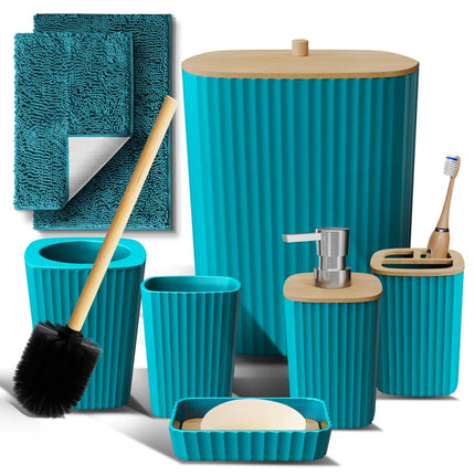 Complete 8 Piece Bathroom Accessory Set with Bamboo Accents, Trash Can, Toilet Brush & 2 Bath Rugs Included